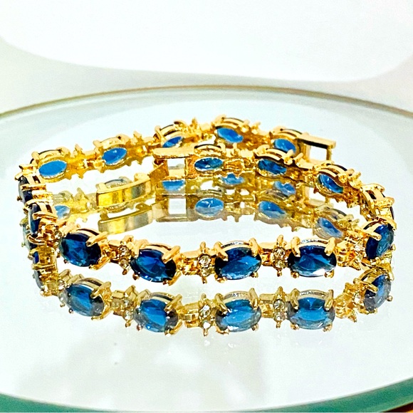 Jewelry - 18k Rose Gold Blue Sapphire Oval Cubic Zircon CZ Bracelet Tennis Elegant